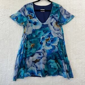 Show Me Your Mumu Blue Floral Short Sleeve Chiffon Mini Sheath Dress Women Small